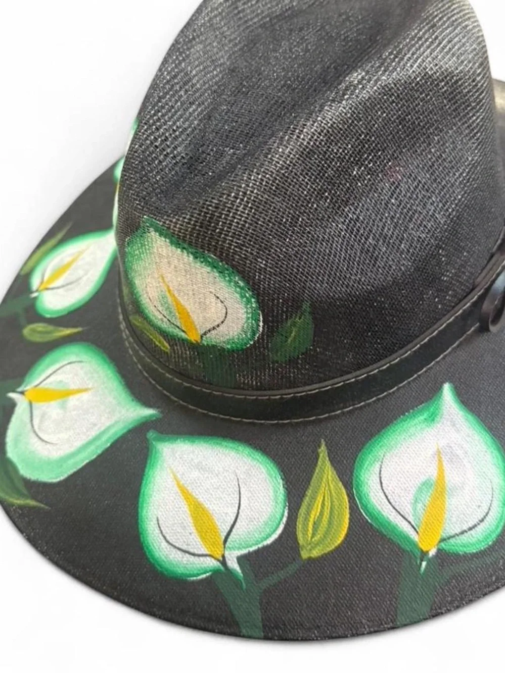 Hand-Painted Oaxaca Black Fedora with White & Green Lily of the valley motifs